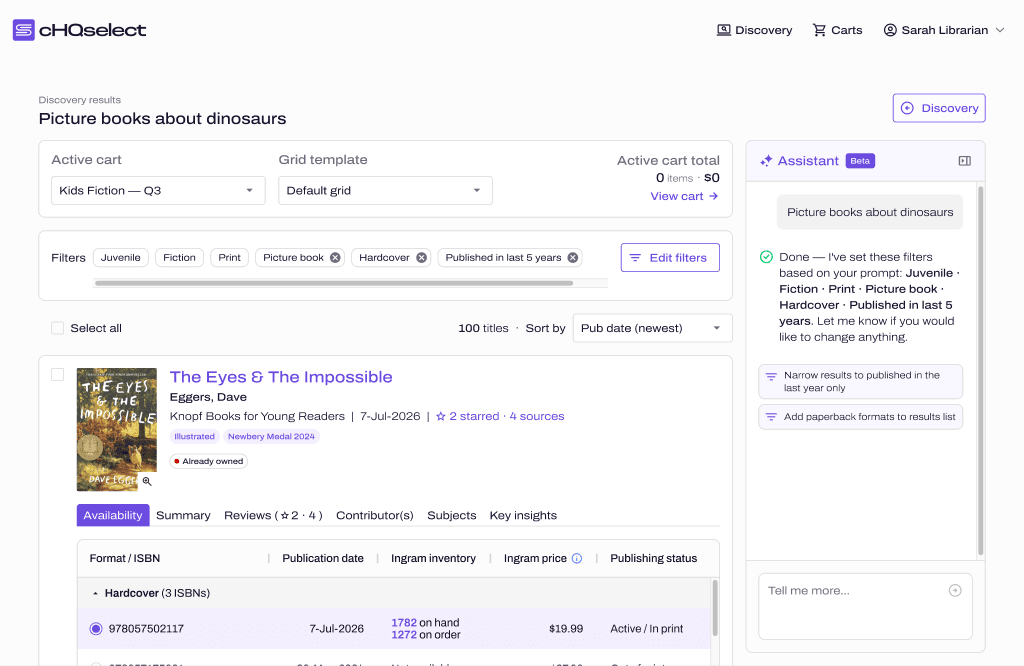 The discovery results screen. A row of editable filter chips reading Juvenile, Fiction, Print, Picture book, Hardcover and Published in last 5 years sits above the results, each title carrying tabs for availability, summary, reviews, contributors, subjects and key insights. The AI assistant is a narrow panel on the right, badged Beta.