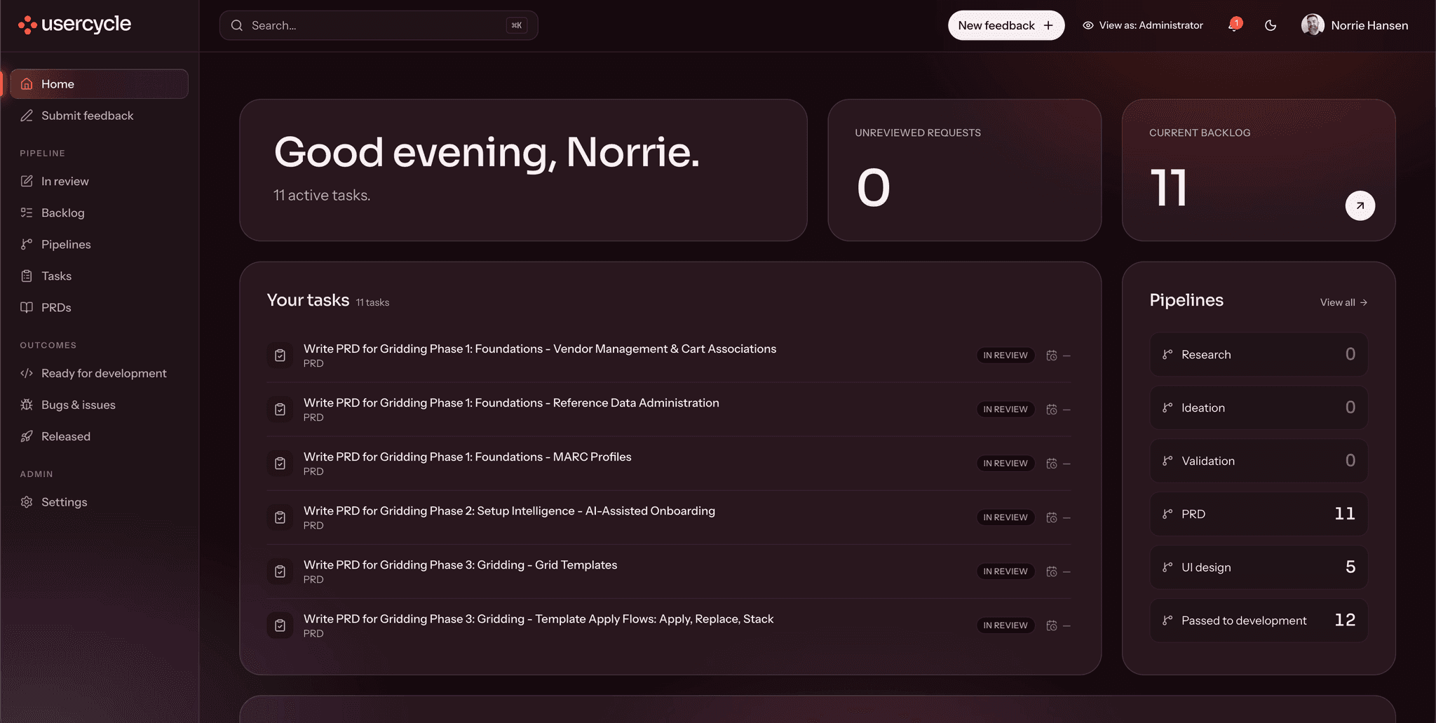 The User Cycle home screen. A list of the signed-in user's tasks sits beside a panel counting what is waiting at each stage of the pipeline.