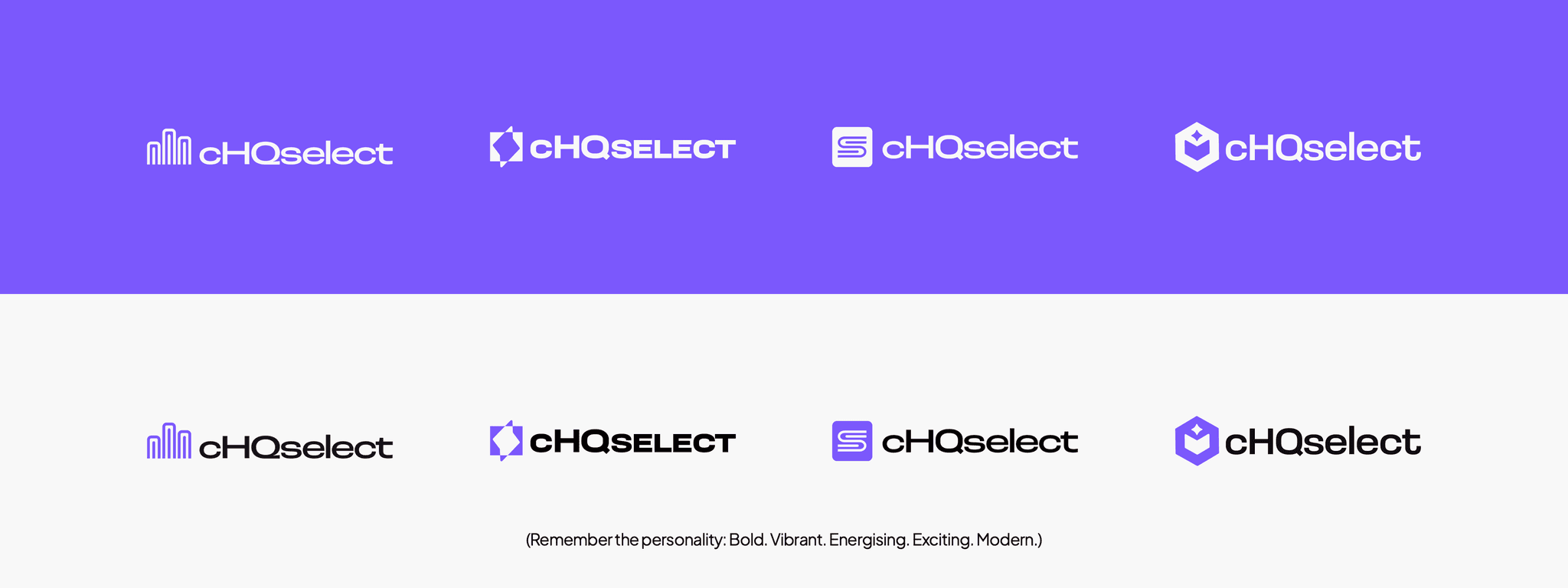 Four candidate cHQselect logos shown as a set on violet and then on white. The marks are a bar chart of book spines, a lightning bolt in a cut-out square, a stacked-books S in a rounded square, and a hexagon.