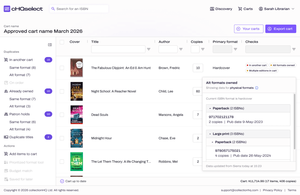 The cHQselect cart. A panel down the left counts titles already in another cart, already owned or on patron hold, and a check in one row is open to show the other formats held, their ISBNs, copies and publication dates.