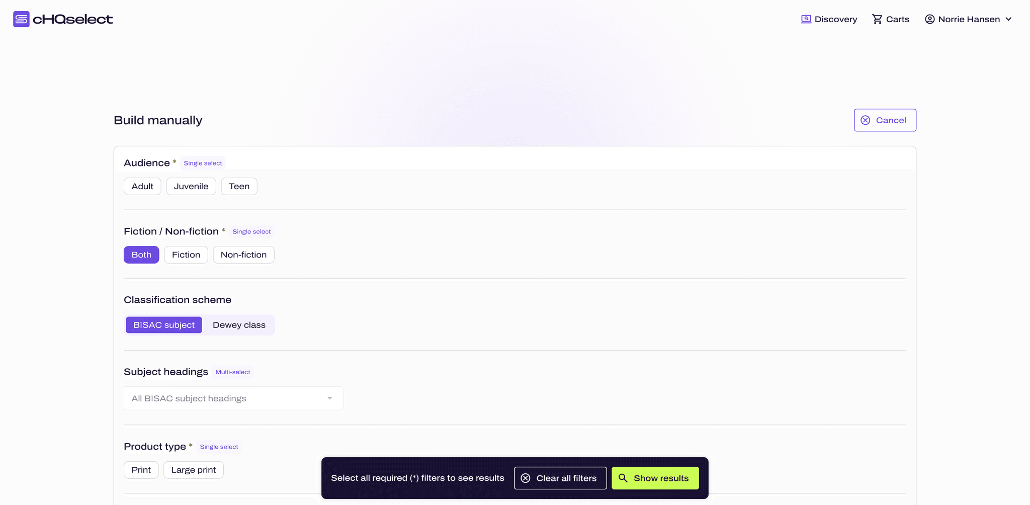 The Build manually screen in the live product, with filters for audience, fiction or non-fiction, a classification scheme switch between BISAC subject and Dewey class, subject headings and product type, and a bar at the bottom with Clear all filters and Show results.