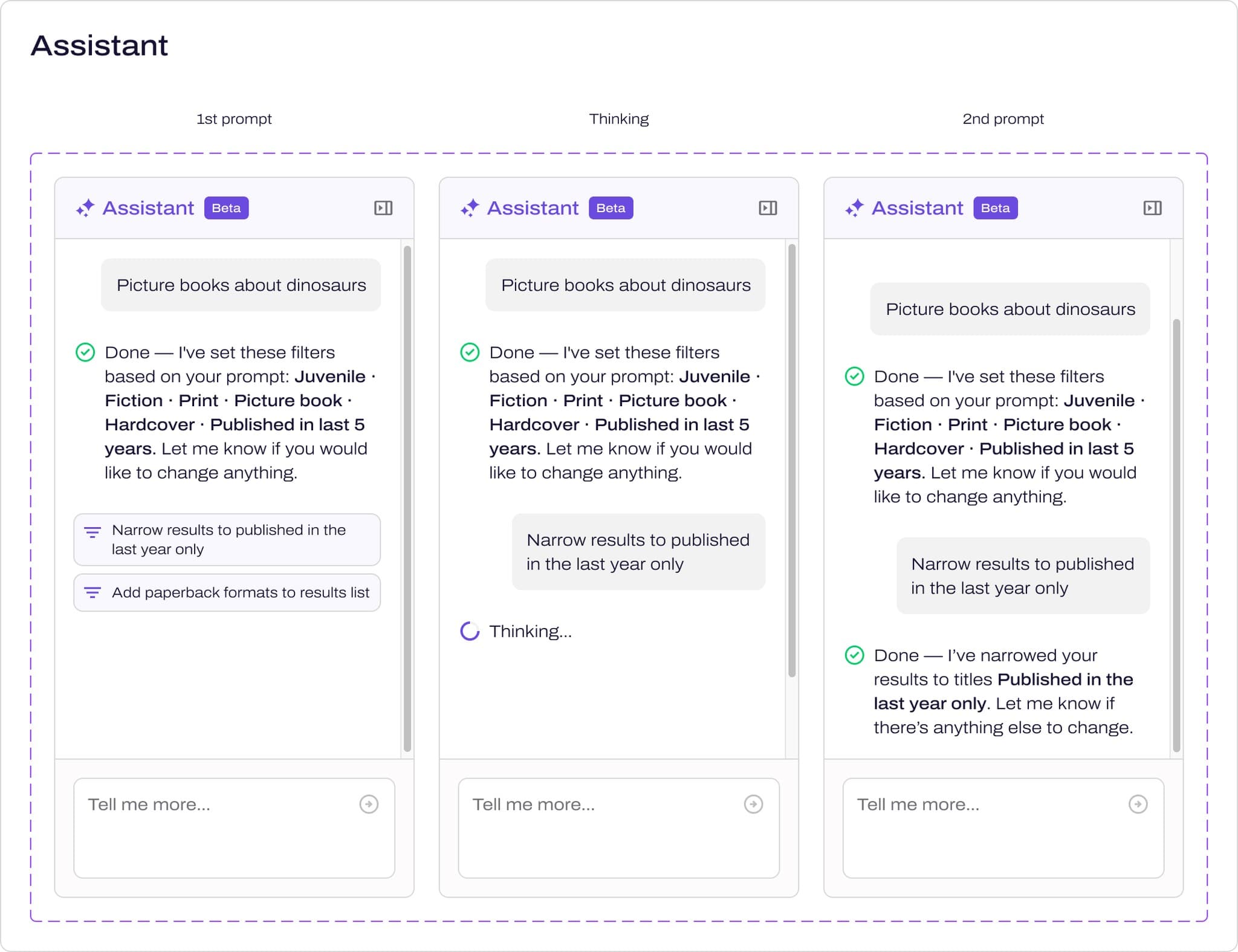 The AI assistant component in three variants: after the first prompt with two suggested actions, thinking, and after a second prompt that narrowed the results to titles published in the last year.