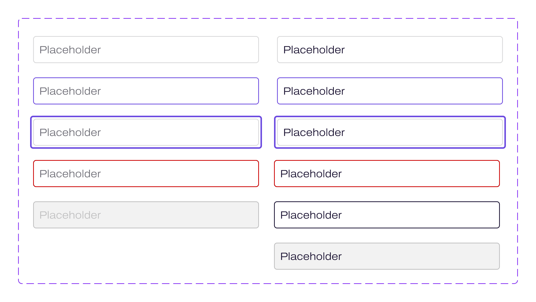 The text field component set. Two columns of fields, not filled on the left and filled on the right, run down through default, hover, focused, error, completed and disabled states.
