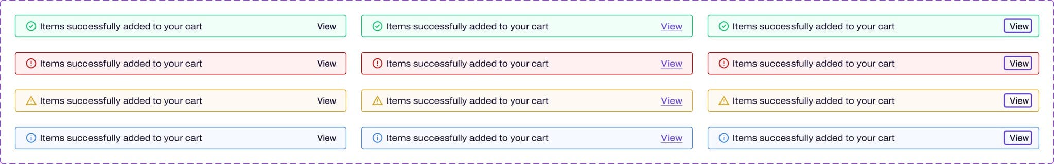 The validation message component set. Success, error, warning and info messages each run across default, hover and focused states. The message text is dark in every one, and only the icon and the border take the semantic colour.