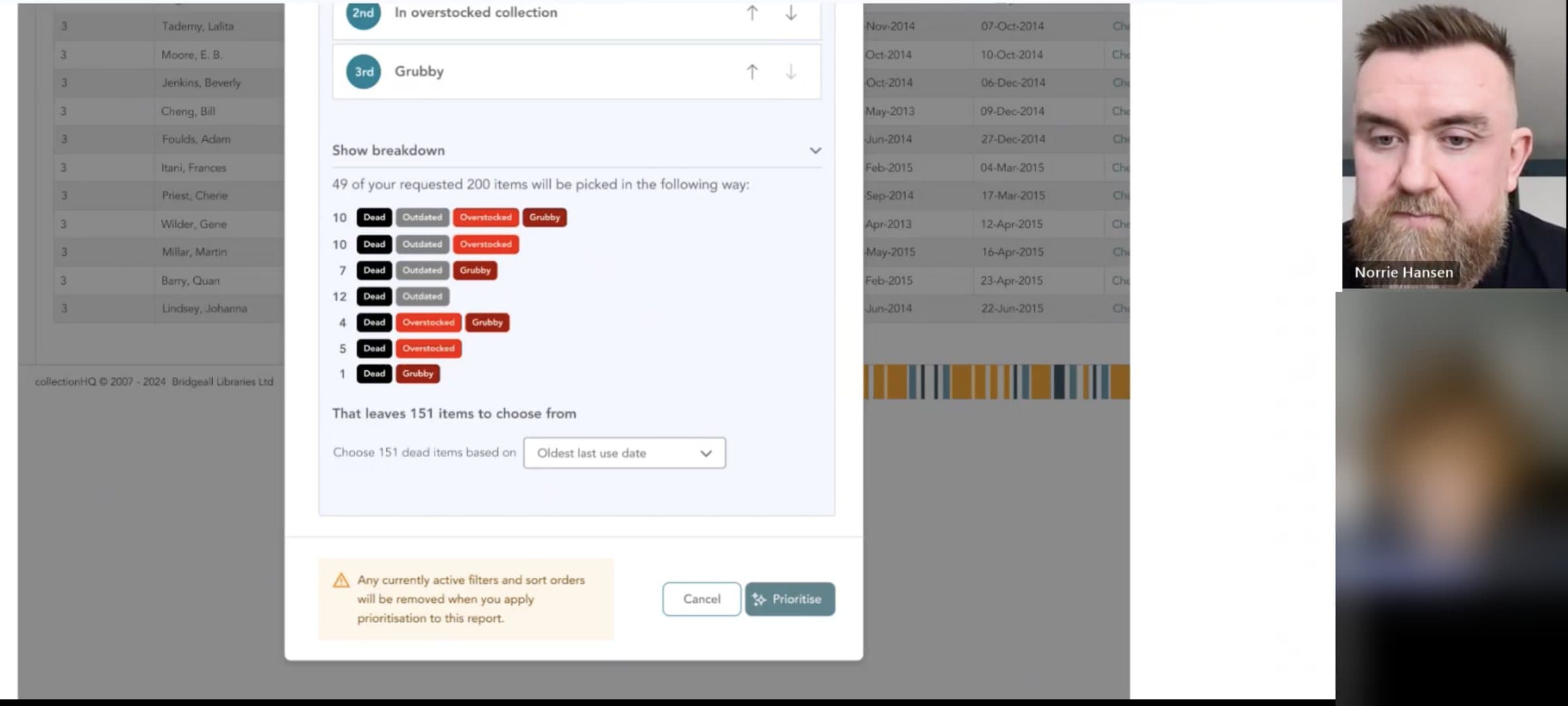 A video call during a usability session. The prototype shows a breakdown: 49 of the requested 200 items will be picked in the following way, in rows of Dead, Outdated, Overstocked and Grubby tags, then 'That leaves 151 items to choose from'. The participant is blurred.