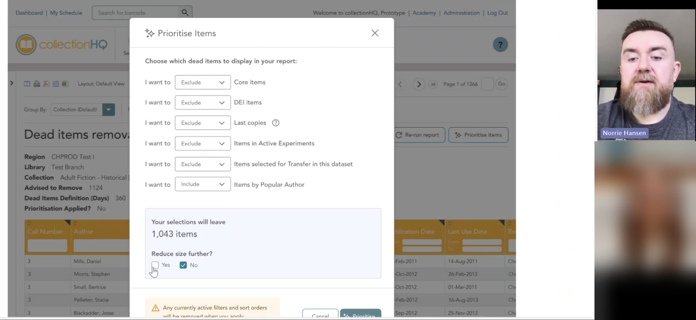 A video call during a usability session. The Prioritise Items prototype is on screen, reading 'Your selections will leave 1,043 items'. Norrie's video is top right; the participant's video and name are blurred.