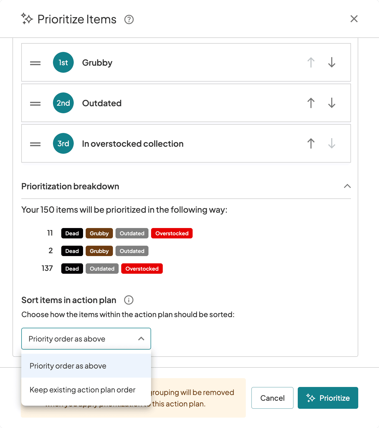 The bottom of the shipped wizard. Under 'Prioritization breakdown' it reads 'Your 150 items will be prioritized in the following way': 11 items tagged Dead, Grubby, Outdated and Overstocked, 2 tagged Dead, Grubby and Outdated, and 137 tagged Dead, Outdated and Overstocked. Below that, 'Sort items in action plan' is a dropdown offering 'Priority order as above' or 'Keep existing action plan order'.