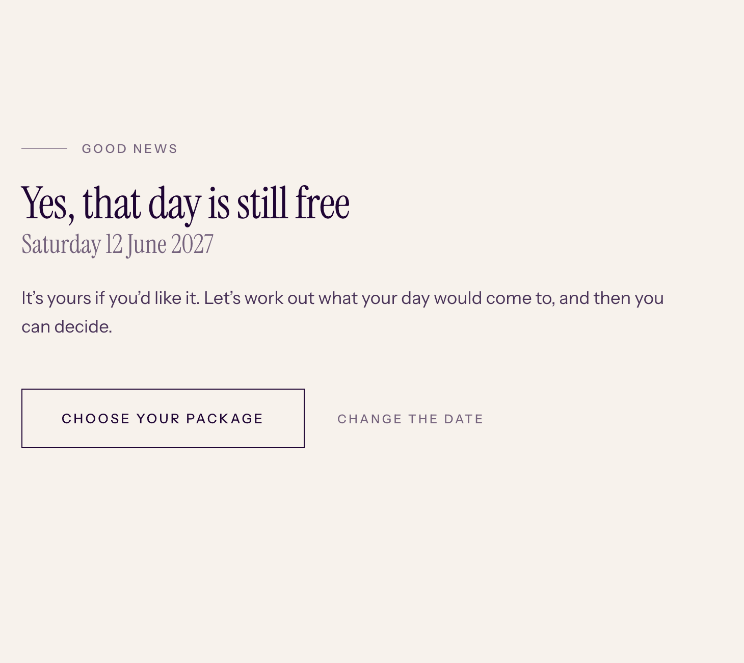 The answer: Good news. Yes, that day is still free, Saturday 12 June 2027, with a Choose your package button.