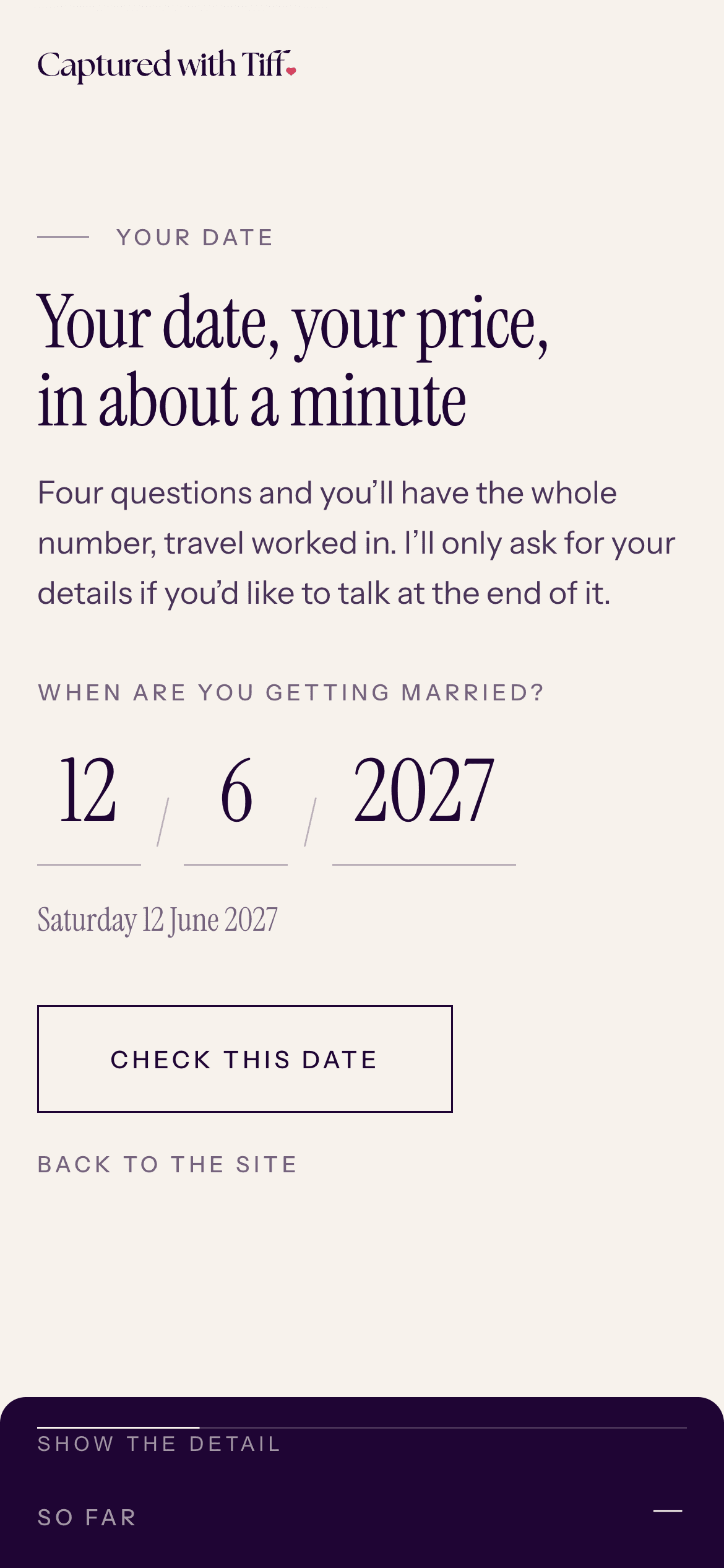 The date step on a phone: three typed fields reading 12, 6 and 2027, read back as Saturday 12 June 2027, with the ledger folded into a dark bar along the bottom labelled Show the detail and So far.