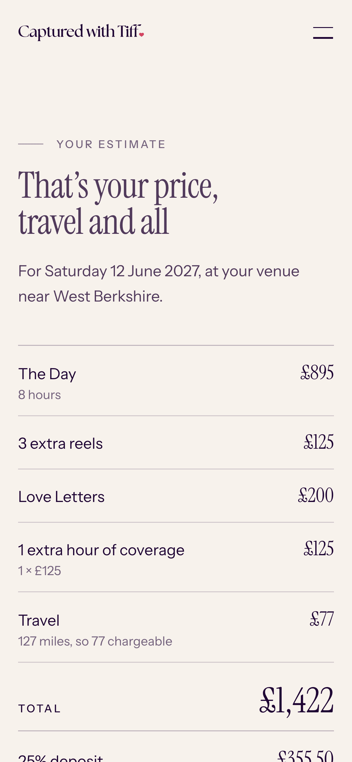 The estimate on a phone: That's your price, travel and all, for Saturday 12 June 2027 near West Berkshire, listing The Day at £895, three extra reels at £125, Love Letters at £200, one extra hour at £125 and travel at £77, with a total of £1,422.
