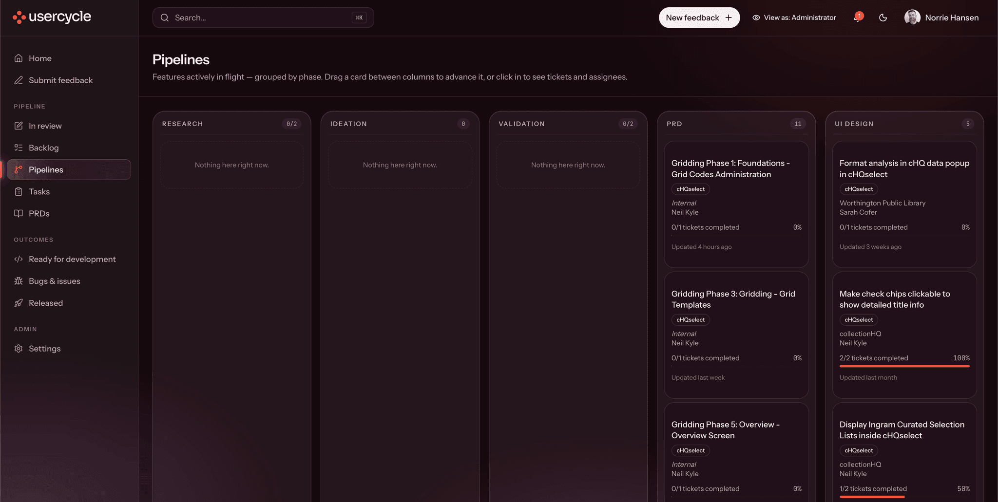 A board with a column for each stage of the process: research, ideation, validation, the product spec and UI design. Every card shows how many of its tickets are done.