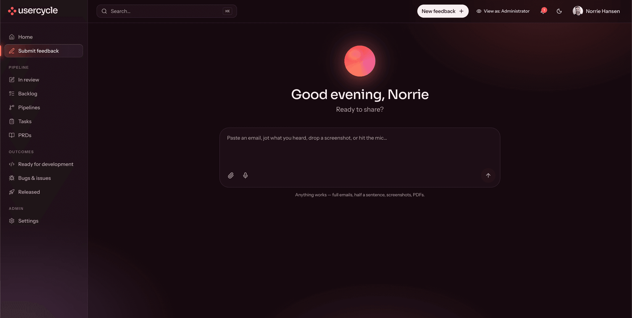 The submission screen. A single open text box invites the user to paste an email, type what they heard, drop in a screenshot or dictate it.